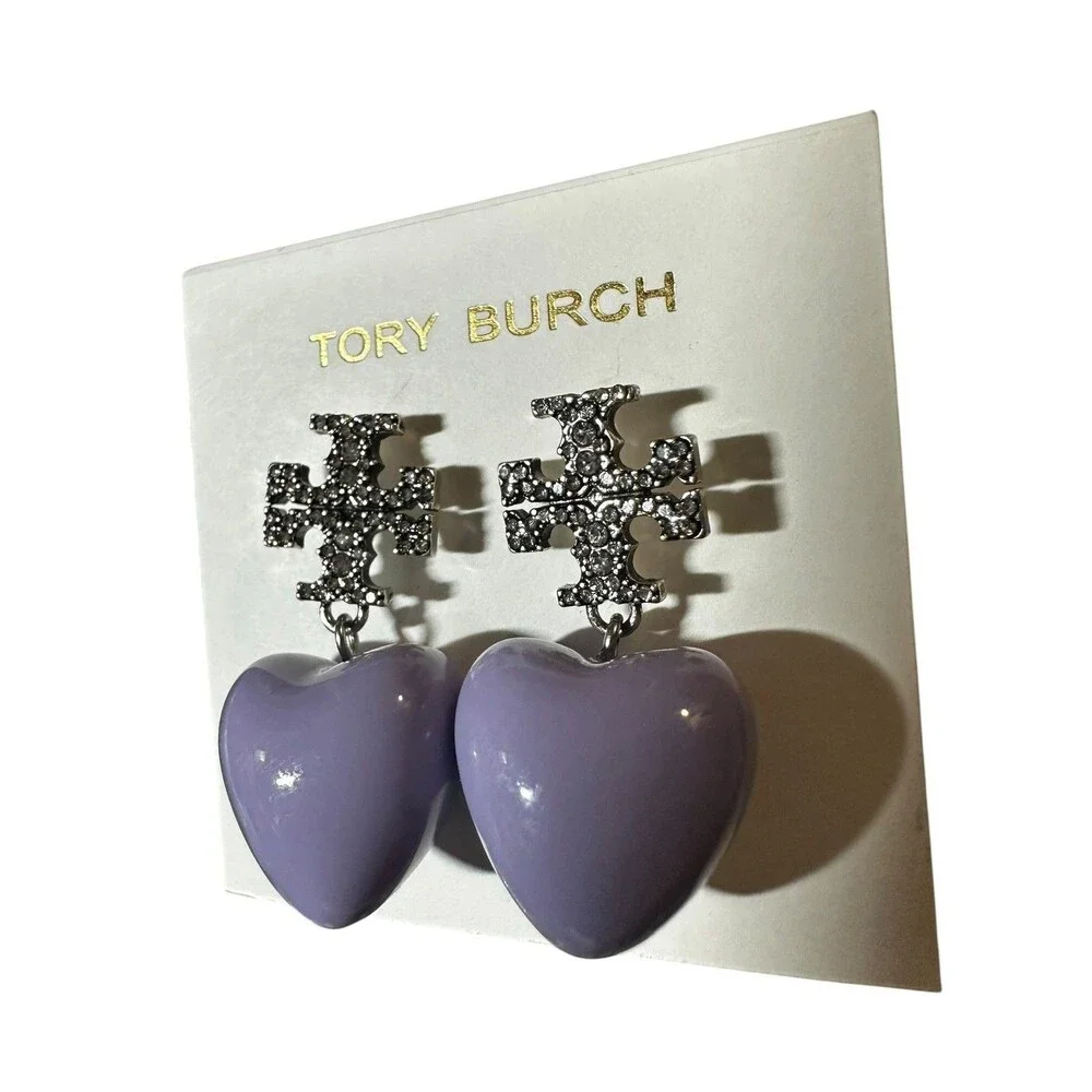 Tory Burch Roxanne Purple Heart Drop Pave Crystal Earrings Post Back New